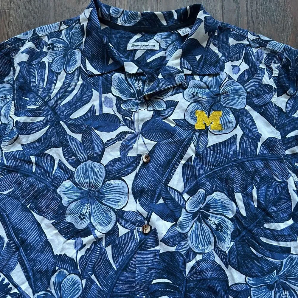Michigan Wolverines Tommy Bahama 100% Silk Hawaiian Shirt Mens XXL Blue U of M